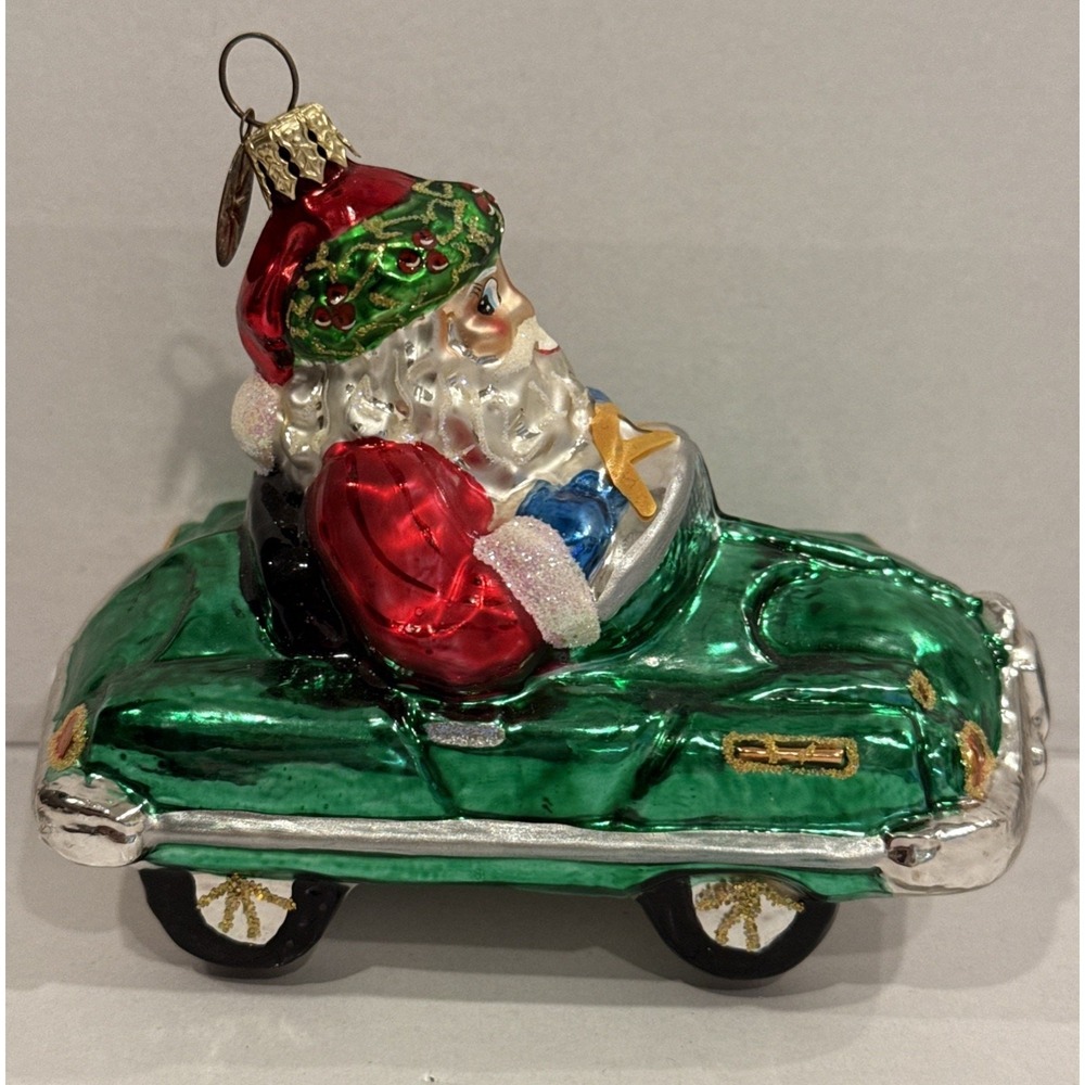 Radko Santa Claus Holly‎ Trim Hat in Green Convertible Car Christmas Ornament